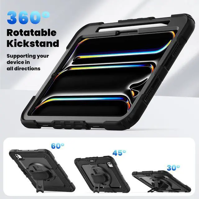 Alt view image 6 of 7 - Heavy Duty Shockproof Protective Case with Screen Protector, 360° Rotating Stand, Hand & Shoulder Strap for iPad Pro 11 inch (M4) 5th Generation 2024,Black