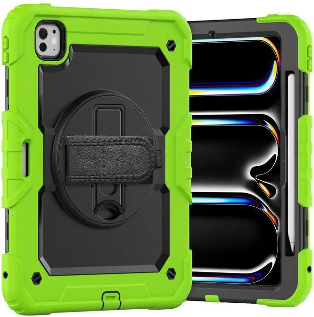 Main image of Heavy Duty Shockproof Protective Case with Screen Protector, 360° Rotating Stand, Hand & Shoulder Strap for iPad Pro 11 inch (M4) 5th Generation 2024,Green