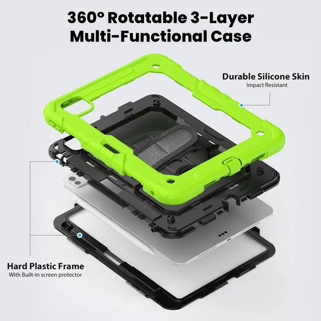 Alt view image 3 of 7 - Heavy Duty Shockproof Protective Case with Screen Protector, 360° Rotating Stand, Hand & Shoulder Strap for iPad Pro 11 inch (M4) 5th Generation 2024,Green