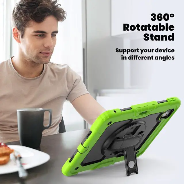 Alt view image 5 of 7 - Heavy Duty Shockproof Protective Case with Screen Protector, 360° Rotating Stand, Hand & Shoulder Strap for iPad Pro 11 inch (M4) 5th Generation 2024,Green
