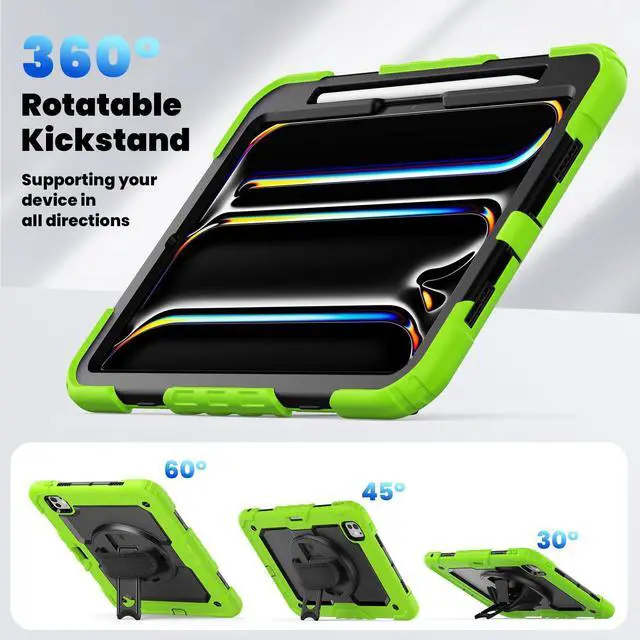 Alt view image 6 of 7 - Heavy Duty Shockproof Protective Case with Screen Protector, 360° Rotating Stand, Hand & Shoulder Strap for iPad Pro 11 inch (M4) 5th Generation 2024,Green