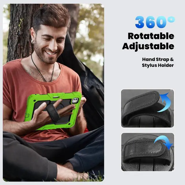 Alt view image 7 of 7 - Heavy Duty Shockproof Protective Case with Screen Protector, 360° Rotating Stand, Hand & Shoulder Strap for iPad Pro 11 inch (M4) 5th Generation 2024,Green