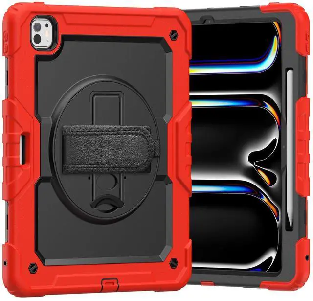 Main image of Heavy Duty Shockproof Protective Case with Screen Protector, 360° Rotating Stand, Hand & Shoulder Strap for iPad Pro 13 Inch 2024 M4 (7th Generation), Red