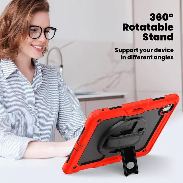 Alt view image 5 of 7 - Heavy Duty Shockproof Protective Case with Screen Protector, 360° Rotating Stand, Hand & Shoulder Strap for iPad Pro 13 Inch 2024 M4 (7th Generation), Red