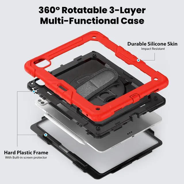 Alt view image 3 of 7 - Heavy Duty Shockproof Protective Case with Screen Protector, 360° Rotating Stand, Hand & Shoulder Strap for iPad Pro 13 Inch 2024 M4 (7th Generation), Red