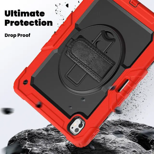 Alt view image 4 of 7 - Heavy Duty Shockproof Protective Case with Screen Protector, 360° Rotating Stand, Hand & Shoulder Strap for iPad Pro 13 Inch 2024 M4 (7th Generation), Red
