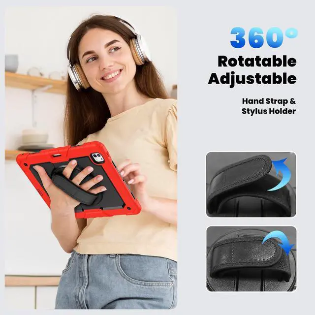 Alt view image 7 of 7 - Heavy Duty Shockproof Protective Case with Screen Protector, 360° Rotating Stand, Hand & Shoulder Strap for iPad Pro 13 Inch 2024 M4 (7th Generation), Red