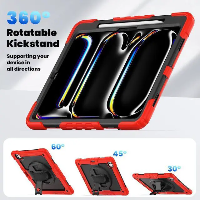 Alt view image 6 of 7 - Heavy Duty Shockproof Protective Case with Screen Protector, 360° Rotating Stand, Hand & Shoulder Strap for iPad Pro 13 Inch 2024 M4 (7th Generation), Red
