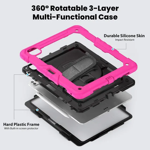 Alt view image 3 of 7 - Heavy Duty Shockproof Protective Case with Screen Protector, 360° Rotating Stand, Hand & Shoulder Strap for iPad Pro 13 Inch 2024 M4 (7th Generation), Rose