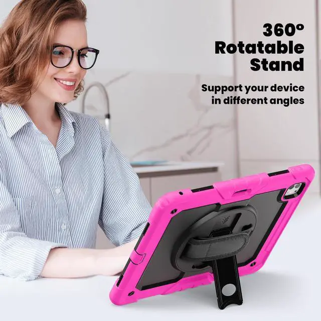 Alt view image 5 of 7 - Heavy Duty Shockproof Protective Case with Screen Protector, 360° Rotating Stand, Hand & Shoulder Strap for iPad Pro 13 Inch 2024 M4 (7th Generation), Rose