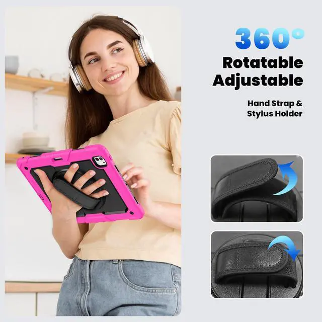 Alt view image 7 of 7 - Heavy Duty Shockproof Protective Case with Screen Protector, 360° Rotating Stand, Hand & Shoulder Strap for iPad Pro 13 Inch 2024 M4 (7th Generation), Rose