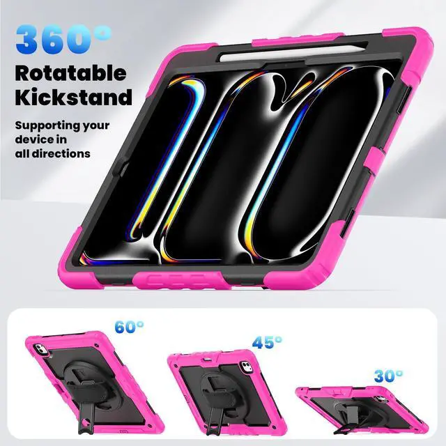 Alt view image 6 of 7 - Heavy Duty Shockproof Protective Case with Screen Protector, 360° Rotating Stand, Hand & Shoulder Strap for iPad Pro 13 Inch 2024 M4 (7th Generation), Rose