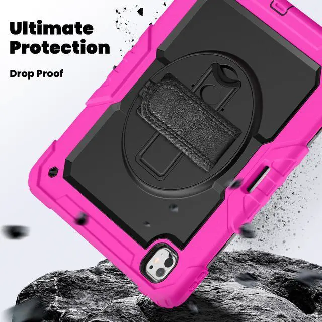 Alt view image 4 of 7 - Heavy Duty Shockproof Protective Case with Screen Protector, 360° Rotating Stand, Hand & Shoulder Strap for iPad Pro 13 Inch 2024 M4 (7th Generation), Rose