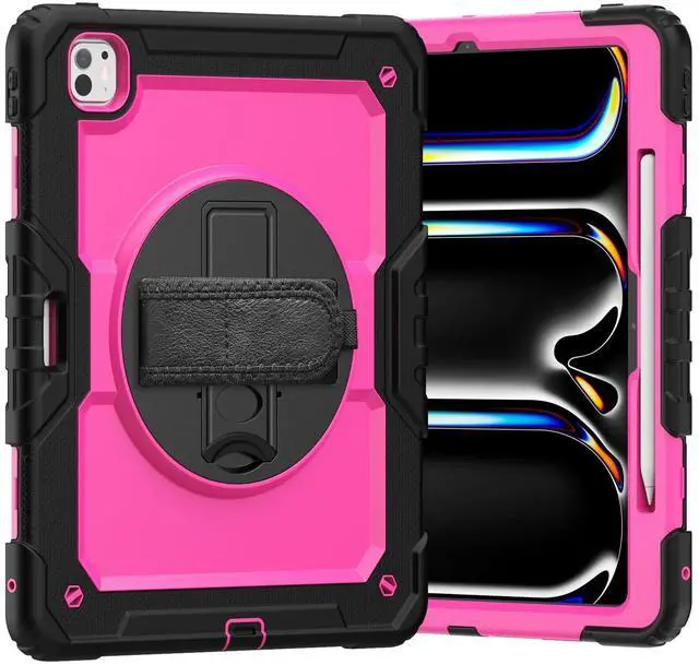 Main image of Heavy Duty Shockproof Protective Case with Screen Protector, 360° Rotating Stand, Hand & Shoulder Strap for iPad Pro 13 Inch 2024 M4 (7th Generation), RosePC