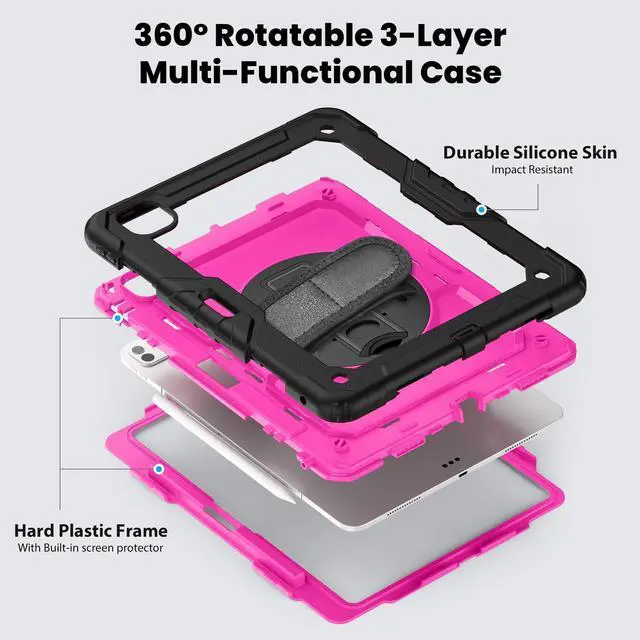 Alt view image 3 of 7 - Heavy Duty Shockproof Protective Case with Screen Protector, 360° Rotating Stand, Hand & Shoulder Strap for iPad Pro 13 Inch 2024 M4 (7th Generation), RosePC