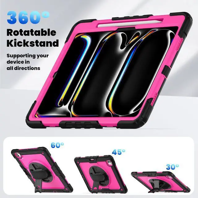 Alt view image 6 of 7 - Heavy Duty Shockproof Protective Case with Screen Protector, 360° Rotating Stand, Hand & Shoulder Strap for iPad Pro 13 Inch 2024 M4 (7th Generation), RosePC