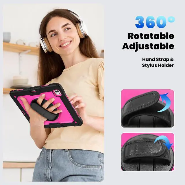 Alt view image 7 of 7 - Heavy Duty Shockproof Protective Case with Screen Protector, 360° Rotating Stand, Hand & Shoulder Strap for iPad Pro 13 Inch 2024 M4 (7th Generation), RosePC
