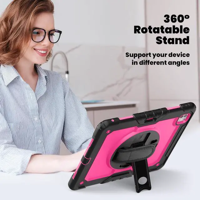 Alt view image 5 of 7 - Heavy Duty Shockproof Protective Case with Screen Protector, 360° Rotating Stand, Hand & Shoulder Strap for iPad Pro 13 Inch 2024 M4 (7th Generation), RosePC