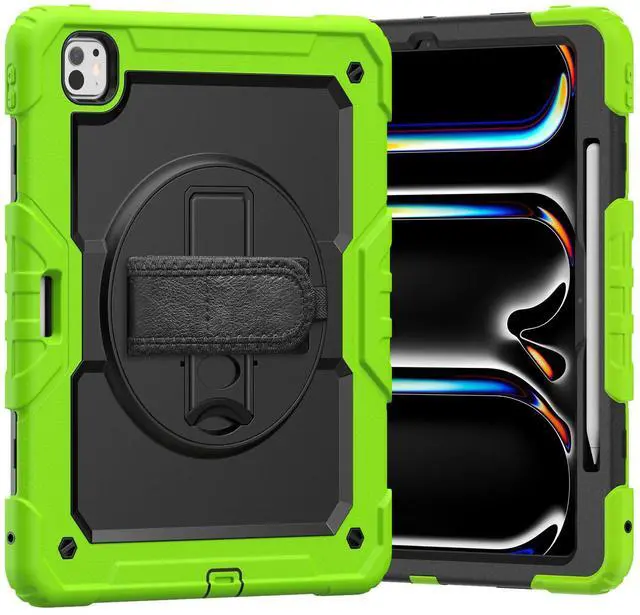 Main image of Heavy Duty Shockproof Protective Case with Screen Protector, 360° Rotating Stand, Hand & Shoulder Strap for iPad Pro 13 Inch 2024 M4 (7th Generation), Green
