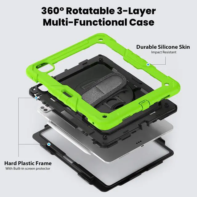 Alt view image 3 of 7 - Heavy Duty Shockproof Protective Case with Screen Protector, 360° Rotating Stand, Hand & Shoulder Strap for iPad Pro 13 Inch 2024 M4 (7th Generation), Green