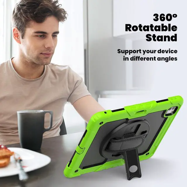 Alt view image 5 of 7 - Heavy Duty Shockproof Protective Case with Screen Protector, 360° Rotating Stand, Hand & Shoulder Strap for iPad Pro 13 Inch 2024 M4 (7th Generation), Green