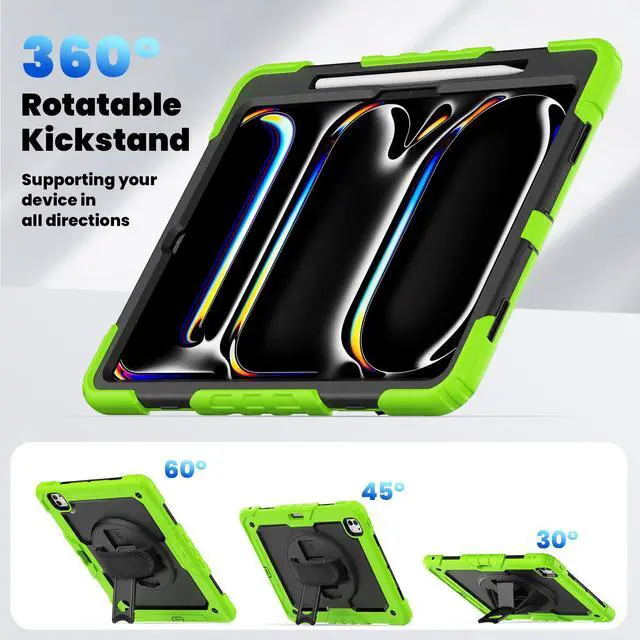 Alt view image 6 of 7 - Heavy Duty Shockproof Protective Case with Screen Protector, 360° Rotating Stand, Hand & Shoulder Strap for iPad Pro 13 Inch 2024 M4 (7th Generation), Green