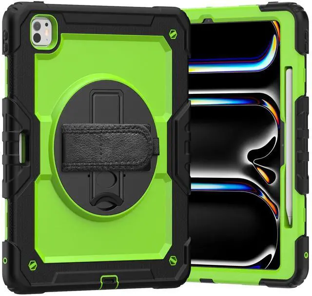 Main image of Heavy Duty Shockproof Protective Case with Screen Protector, 360° Rotating Stand, Hand & Shoulder Strap for iPad Pro 13 Inch 2024 M4 (7th Generation), GreenPC