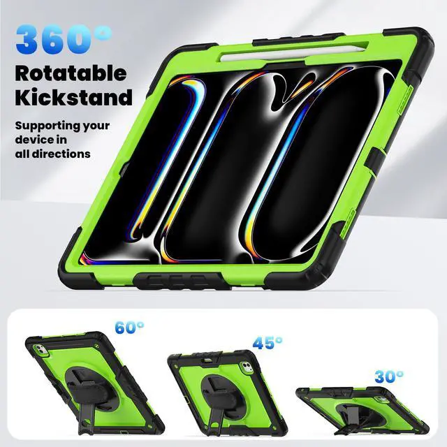 Alt view image 6 of 7 - Heavy Duty Shockproof Protective Case with Screen Protector, 360° Rotating Stand, Hand & Shoulder Strap for iPad Pro 13 Inch 2024 M4 (7th Generation), GreenPC