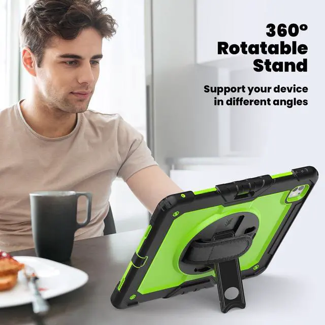 Alt view image 5 of 7 - Heavy Duty Shockproof Protective Case with Screen Protector, 360° Rotating Stand, Hand & Shoulder Strap for iPad Pro 13 Inch 2024 M4 (7th Generation), GreenPC