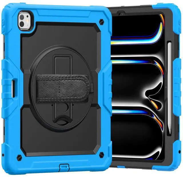 Main image of Heavy Duty Shockproof Protective Case with Screen Protector, 360° Rotating Stand, Hand & Shoulder Strap for iPad Pro 13 Inch 2024 M4 (7th Generation), Light Blue
