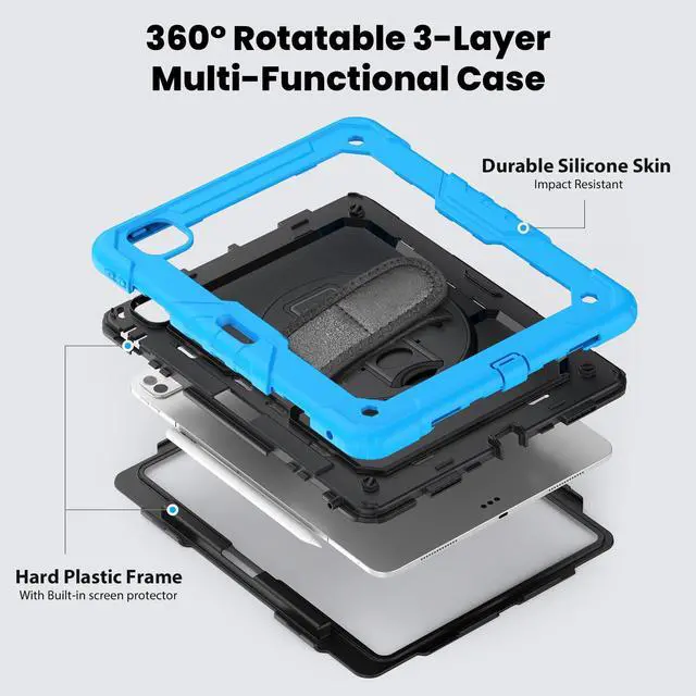 Alt view image 3 of 7 - Heavy Duty Shockproof Protective Case with Screen Protector, 360° Rotating Stand, Hand & Shoulder Strap for iPad Pro 13 Inch 2024 M4 (7th Generation), Light Blue