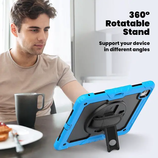 Alt view image 5 of 7 - Heavy Duty Shockproof Protective Case with Screen Protector, 360° Rotating Stand, Hand & Shoulder Strap for iPad Pro 13 Inch 2024 M4 (7th Generation), Light Blue