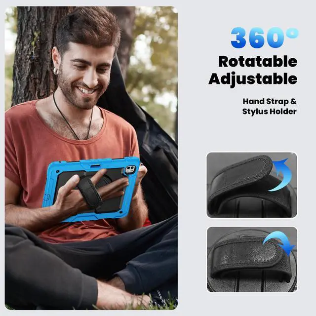 Alt view image 7 of 7 - Heavy Duty Shockproof Protective Case with Screen Protector, 360° Rotating Stand, Hand & Shoulder Strap for iPad Pro 13 Inch 2024 M4 (7th Generation), Light Blue