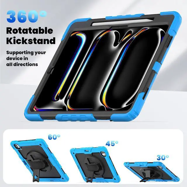 Alt view image 6 of 7 - Heavy Duty Shockproof Protective Case with Screen Protector, 360° Rotating Stand, Hand & Shoulder Strap for iPad Pro 13 Inch 2024 M4 (7th Generation), Light Blue