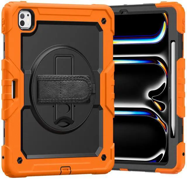 Main image of Heavy Duty Shockproof Protective Case with Screen Protector, 360° Rotating Stand, Hand & Shoulder Strap for iPad Pro 13 Inch 2024 M4 (7th Generation), Orange