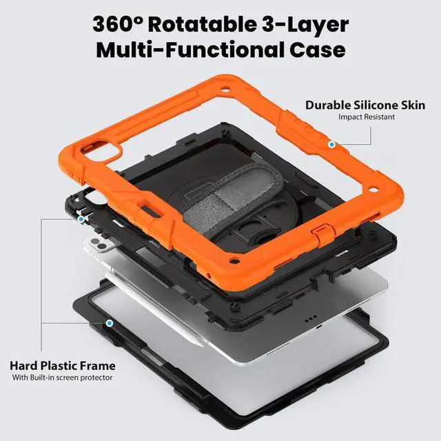 Alt view image 3 of 7 - Heavy Duty Shockproof Protective Case with Screen Protector, 360° Rotating Stand, Hand & Shoulder Strap for iPad Pro 13 Inch 2024 M4 (7th Generation), Orange