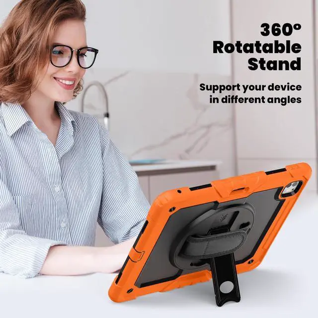 Alt view image 5 of 7 - Heavy Duty Shockproof Protective Case with Screen Protector, 360° Rotating Stand, Hand & Shoulder Strap for iPad Pro 13 Inch 2024 M4 (7th Generation), Orange