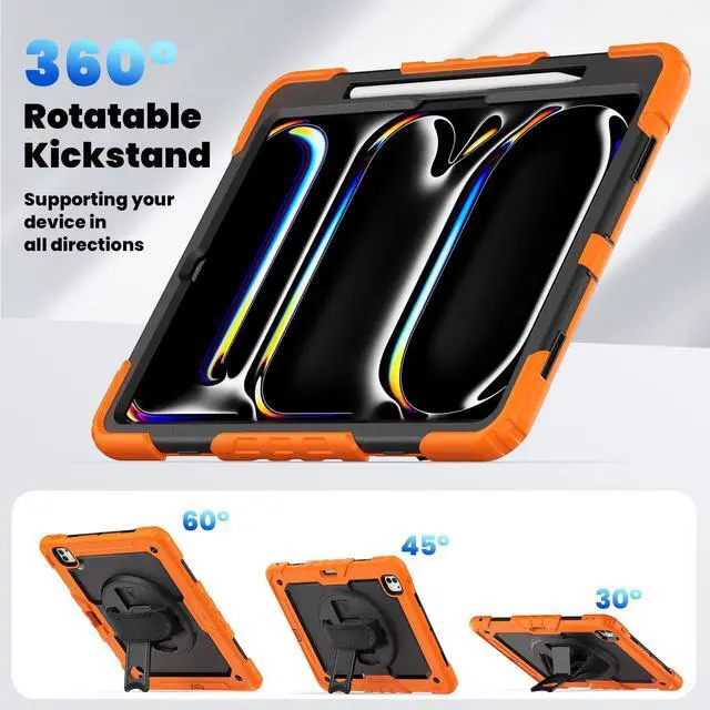 Alt view image 6 of 7 - Heavy Duty Shockproof Protective Case with Screen Protector, 360° Rotating Stand, Hand & Shoulder Strap for iPad Pro 13 Inch 2024 M4 (7th Generation), Orange