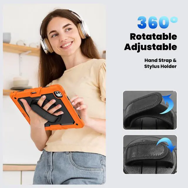 Alt view image 7 of 7 - Heavy Duty Shockproof Protective Case with Screen Protector, 360° Rotating Stand, Hand & Shoulder Strap for iPad Pro 13 Inch 2024 M4 (7th Generation), Orange