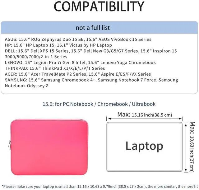 Alt view image 4 of 7 - Soft Padded Zipper Laptop Carrying Sleeve for 15.6" Notebooks, Ultrabooks & Chromebooks, Bright Pink