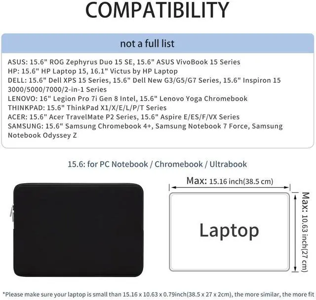 Alt view image 4 of 7 - Soft Padded Zipper Laptop Carrying Sleeve for 15.6" Notebooks, Ultrabooks & Chromebooks, Black