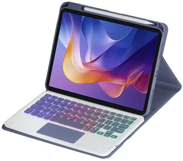 Alt view image 2 of 7 - Detachable Rechargeable Rainbow Backlit Trackpad Keyboard Case with Pencil Slot & 360° Rotatable Horizontal/Vertical Stand for 11 Inch 2025 Xiaomi Redmi Pad 2, Lavender Gray