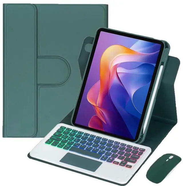 Main image of Detachable Rechargeable Rainbow Backlit Trackpad Keyboard Case with Pencil Slot & 360° Rotatable Horizontal/Vertical Stand for 11 Inch 2025 Xiaomi Redmi Pad 2, Green