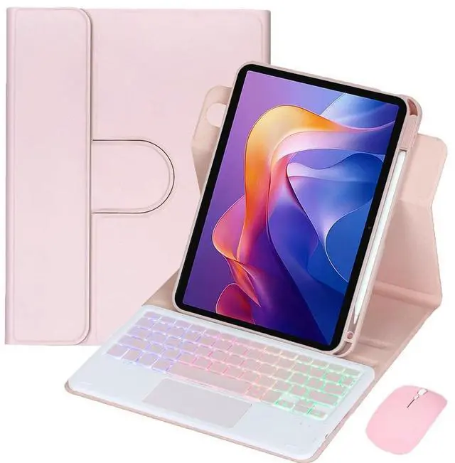Main image of Detachable Rechargeable Rainbow Backlit Trackpad Keyboard Case with Pencil Slot & 360° Rotatable Horizontal/Vertical Stand for 11 Inch 2025 Xiaomi Redmi Pad 2, Pink