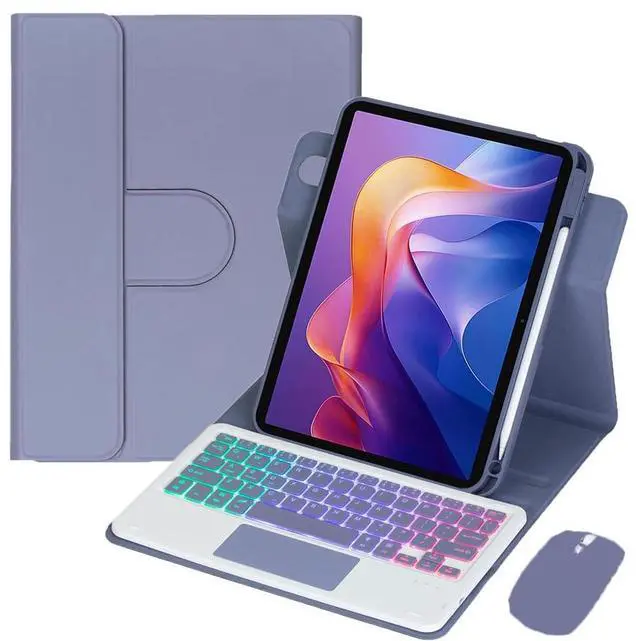 Main image of Detachable Rechargeable Rainbow Backlit Trackpad Keyboard Case with Pencil Slot & 360° Rotatable Horizontal/Vertical Stand for 11 Inch 2025 Xiaomi Redmi Pad 2, Lavender Gray