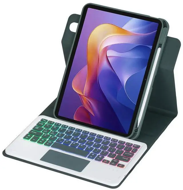 Alt view image 2 of 6 - Detachable Rechargeable Rainbow Backlit Trackpad Keyboard Case with Pencil Slot & 360° Rotatable Horizontal/Vertical Stand for 11 Inch 2025 Xiaomi Redmi Pad 2, Green