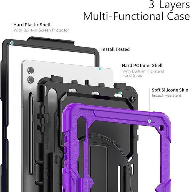 Alt view image 3 of 7 - Heavy Duty Shockproof Protective Case with Screen Protector, 360° Rotating Stand, Hand & Shoulder Strap for Samsung Galaxy Tab S10 Ultra 14.6'' / S9 Ultra / S8 Ultra, Purple
