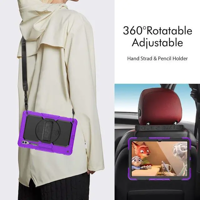 Alt view image 5 of 7 - Heavy Duty Shockproof Protective Case with Screen Protector, 360° Rotating Stand, Hand & Shoulder Strap for Samsung Galaxy Tab S10 Ultra 14.6'' / S9 Ultra / S8 Ultra, Purple