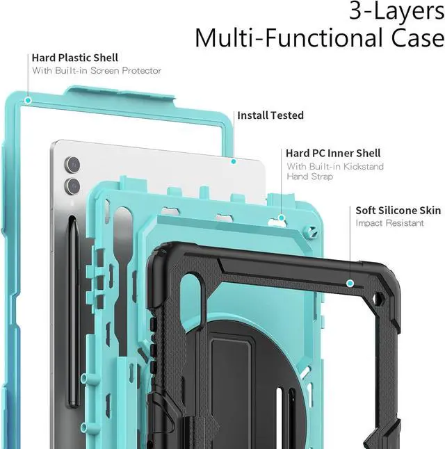 Alt view image 6 of 7 - Heavy Duty Shockproof Protective Case with Screen Protector, 360° Rotating Stand, Hand & Shoulder Strap for Samsung Galaxy Tab S10 Ultra 14.6'' / S9 Ultra / S8 Ultra, Light bluePC