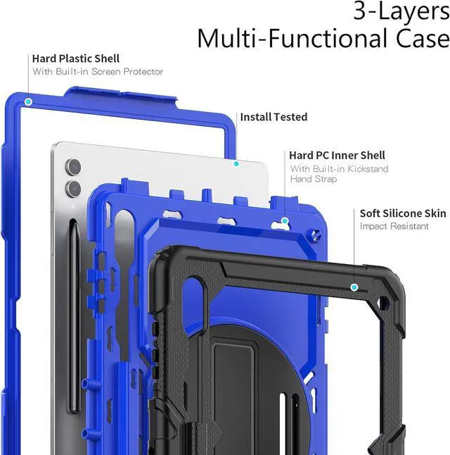 Alt view image 6 of 7 - Heavy Duty Shockproof Protective Case with Screen Protector, 360° Rotating Stand, Hand & Shoulder Strap for Samsung Galaxy Tab S10 Ultra 14.6'' / S9 Ultra / S8 Ultra, BluePC